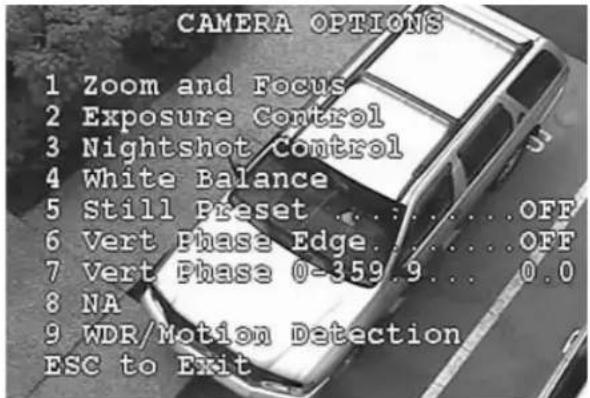 CAMERA OPTIONS 1 Zoom and Focus 2 Exposure Control 3 Nightshot Control 4 White Balance 5 Still Preset .......OFF 6 Vert Phase Edge....OFF 7 Vert Phase 0-359.9... 0.0 8 NA 9 WDR/Motion Detection ESC to Exit