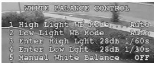 WHITE BALANCE CONTROL 1 High Light WB Mode... Auto 2 Low Light WB Mode... Auto 3 Enter High Light. 28dB 1/60s 4 Enter Low Light . 28dB 1/30s 5 Manual White Balance... OFF