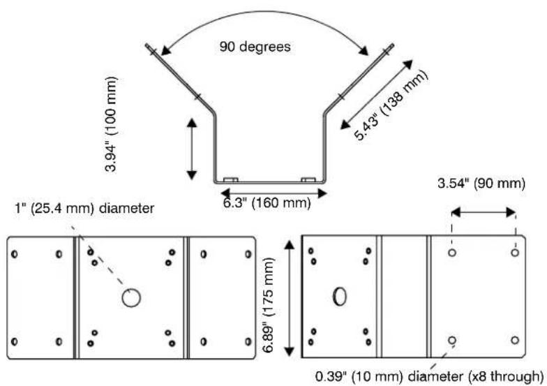 90 degrees 3.94" (100 mm) 5.43" (138 mm) 6.3" (160 mm) 1" (25.4 mm) diameter 3.54" (90 mm) 6.89" (175 mm) 0.39" (10 mm) diameter (x8 through)