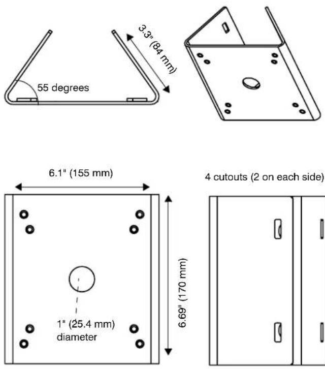 55 degrees 3.3" (64 mm) 6.1" (155 mm) 1" (25.4 mm) diameter 6.69" (170 mm) 4 cutouts (2 on each side)