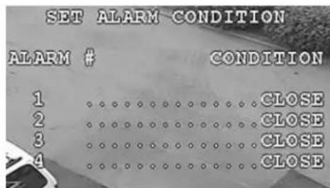 SET ALARM CONDITION ALARM # CONDITION 1 ....CLOSE 2 ....CLOSE 3 ....CLOSE 4 ....CLOSE
