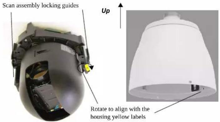 Scan assembly locking guides Up Rotate to align with the housing yellow labels