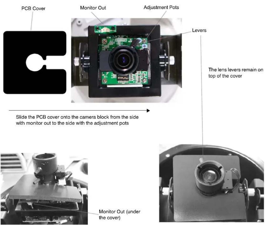 PCB Cover Monitor Out Adjustment Pots Levers The lens levers remain on top of the cover Slide the PCB cover onto the camera block from the side with monitor out to the side with the adjustment pots Monitor Out (under the cover)