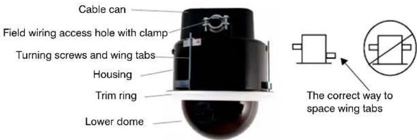Cable can Field wiring access hole with clamp Turning screws and wing tabs Housing Trim ring Lower dome The correct way to space wing tabs
