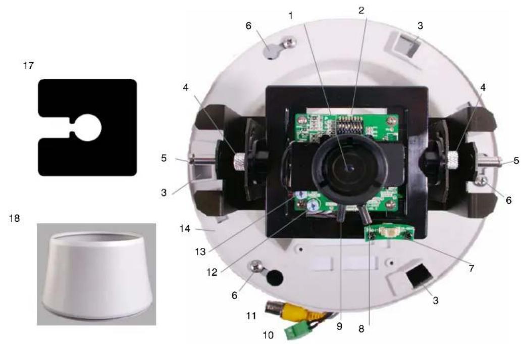 Exploded view diagram of a smart home control panel with numbered components and a close-up of the device's internal circuit board.