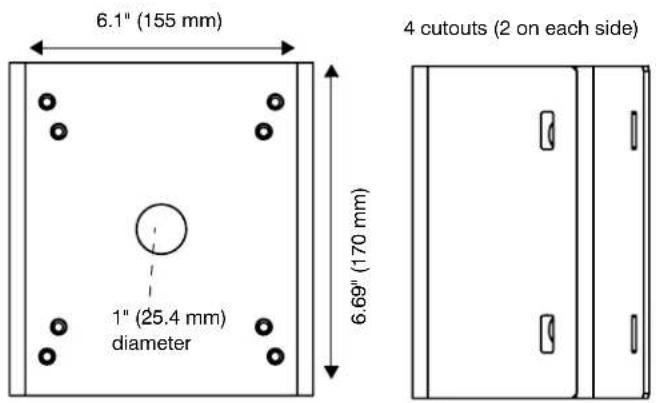 6.1" (155 mm) 1" (25.4 mm) diameter 6.69" (170 mm) 4 cutouts (2 on each side)