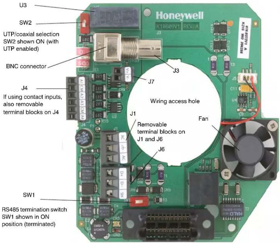 U3 SW2 UTP/coaxial selection SW2 shown ON (with UTP enabled) BNC connector J4 If using contact inputs, also removable terminal blocks on J4 SW1 RS485 termination switch SW1 shown in ON position (terminated) Honeywell K10609V1 REV.A J3 J7 J3 J1 Fan Removable terminal blocks on J1 and J6 J6 C11 C9 T3 J5 J4 J1 J4 R15 R1 AC/- AC D+ D- SH CR5 CR5 R3 C2 C4 CR3 CR2 C10HSTA OTAH T2 T1 T3 J1 J6