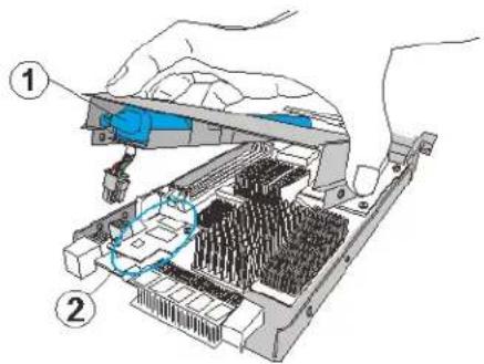 Diagram of a computer motherboard showing component placement and disassembly, labeled with parts ① and ②.