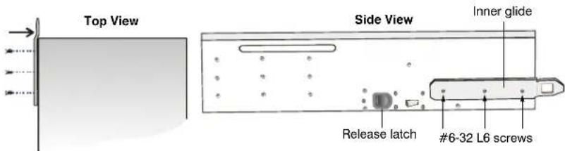 Top View Side View Inner glide Release latch #6-32 L6 screws