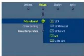 Settings Picture Bit play Audio Picture Format 16:9 16:9 Alarged 16:9 to 4:3 4:3 4:3 to 16:9 Colour Steering Colour temperature