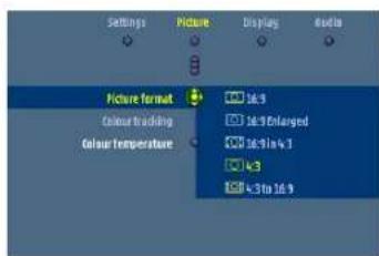 Settings Picture Display Media Picture format Colour trading Colour temperature 16.9 16.9Enlarged 16.91x 1 4.3 4.31x 16.9