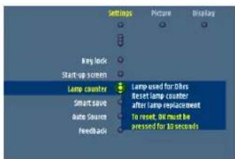Settings menu: Picture, Display, Ramp lock, Start-up screen, Lamp counter, Lamp used for Other, Reset lamp counter after lamp replacement (to reset, OK must be pressed for 10 seconds), Smart save, Auto Source, Feedback.