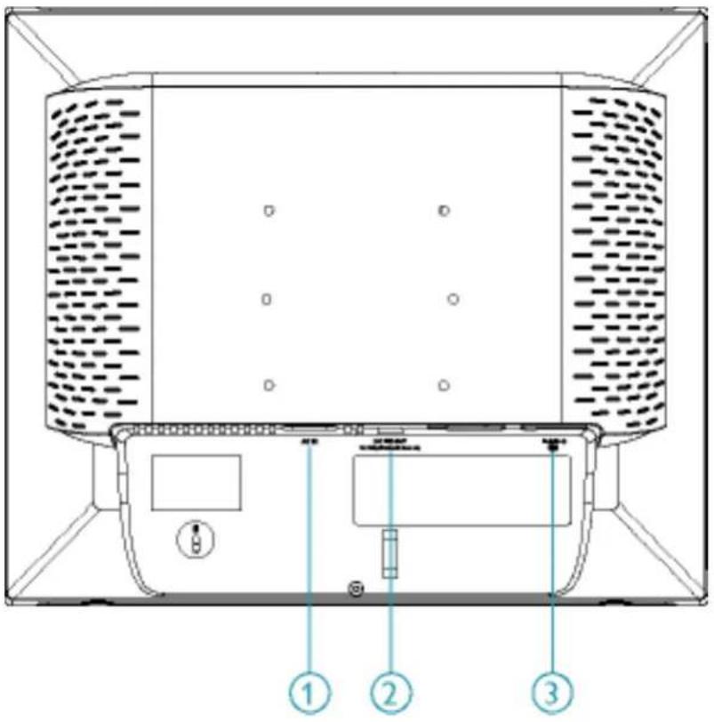 Technical diagram of a device rear panel with labeled components and structural details