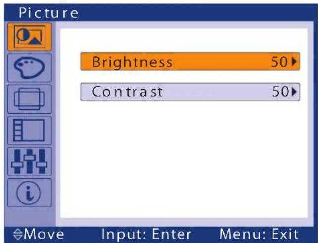 Picture Brightness 50 Contrast 50 Move Input: Enter Menu: Exit