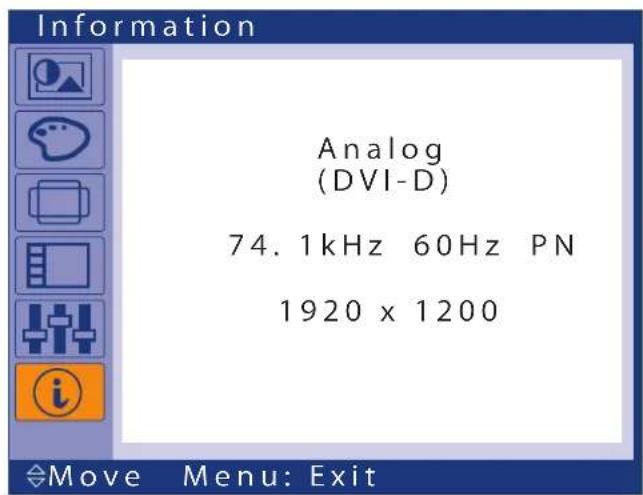 Information Analog (DVI-D) 74. 1kHz 60Hz PN 1920 x 1200 Move Menu: Exit