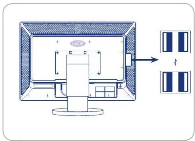 Technical diagram of a computer monitor with IACE branding and two labeled rectangular blocks, showing internal components and directional arrows.