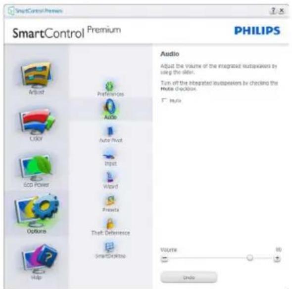 SmartControl Premium SmartControl Premium PHILIPS Audio Adjust the Volume of the integrated listeners by using the skler. Turn off the integrated listeners by checking the Music choice. Audio Auto Print Input Word Preseta Theft Deference SmartDesktop Volume 60 Undo