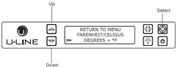 Up U-LINE RETURN TO MENU FARENHEIT/CELSIUS DEGREES = °F Down Select
