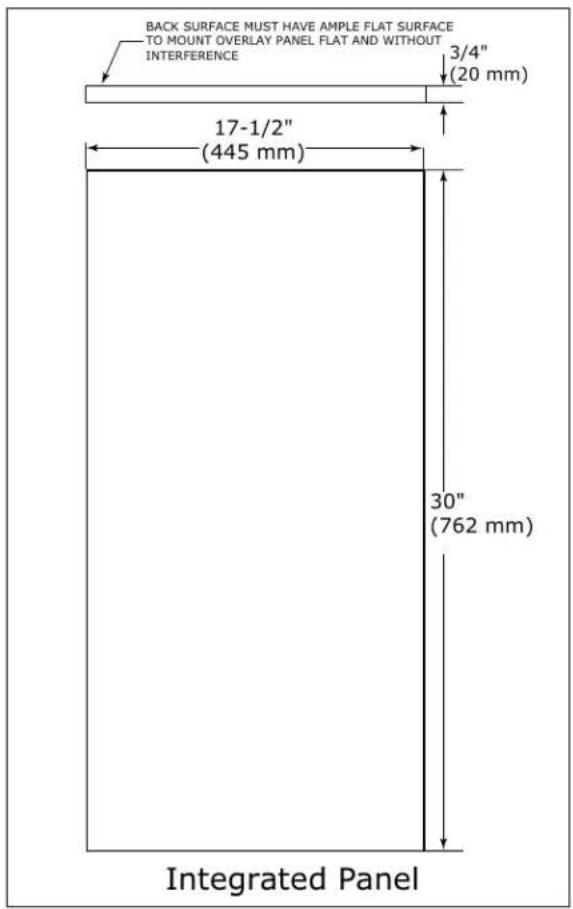 BACK SURFACE MUST HAVE AMPLE FLAT SURFACE TO MOUNT OVERLAY PANEL FLAT AND WITHOUT INTERFERENCE 3/4" (20 mm) 17-1/2" (445 mm) 30" (762 mm) Integrated Panel