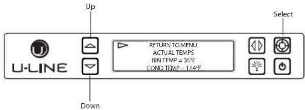 Up U-LINE Down RETURN TO MENU ACTUAL TEMPS BIN TEMP = 35°F COND TEMP = 114°F Select