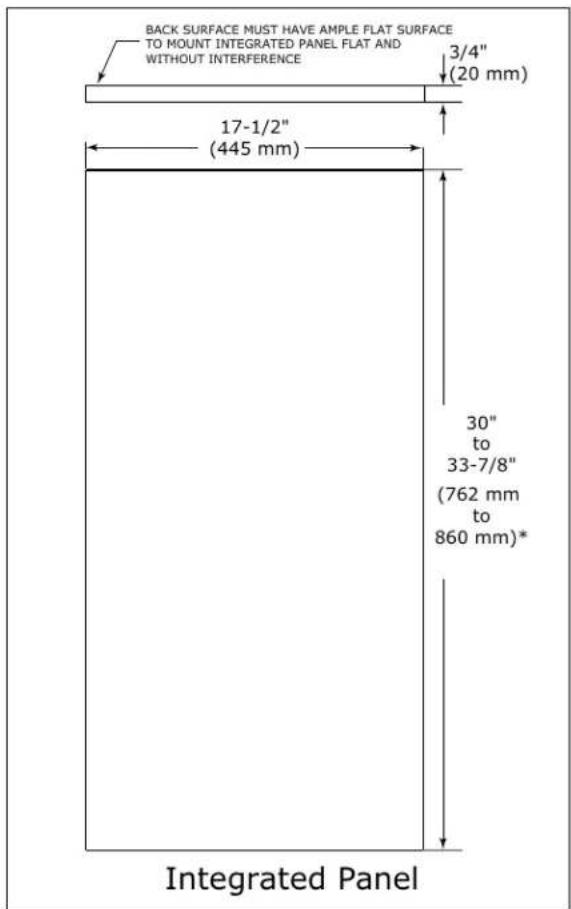 BACK SURFACE MUST HAVE AMPLE FLAT SURFACE TO MOUNT INTEGRATED PANEL FLAT AND WITHOUT INTERFERENCE 3/4" (20 mm) 17-1/2" (445 mm) 30" to 33-7/8" (762 mm to 860 mm)* Integrated Panel
