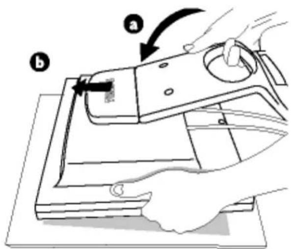 Diagram showing a hand using a tool to adjust or install a device, labeled with parts (a) and (b), with arrows indicating the process.