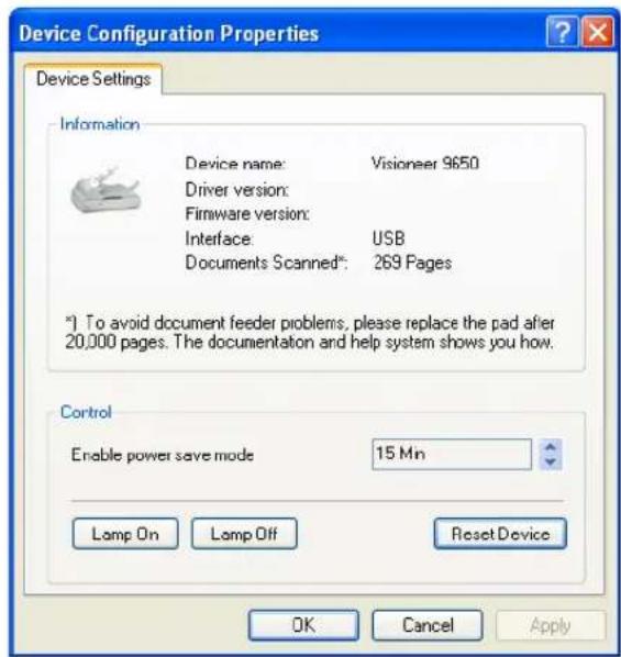 Device Configuration Properties Device Settings Information Device name: Visioneer 9650 Driver version: Firmware version: Interface: USB Documents Scanned*: 269 Pages *) To avoid document feeder problems, please replace the pad after 20,000 pages. The documentation and help system shows you how. Control Enable power save mode 15 Mn Lamp On Lamp Off Reset Device OK Cancel Apply