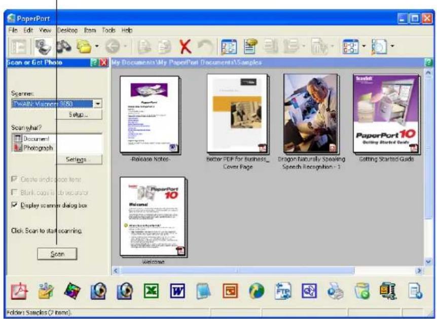 PaperPort File Edit View Desktop Item Tools Help Scan or Get Photo My Documents\My PaperPort Documents\Samples Spanners: TWALN Visioner 3650 Setup... Scan what? Document Photograph Settings... Create indis poo items Blank cays in db viewer Display scanner dialog box Click Scan to start scanning. Scan -Release Notes- Better PDF for Business_ Cover Page Dragon Naturally Speaking Speech Recognition - 1 Getting Started Guide Welcome Folder Samples (7 items)
