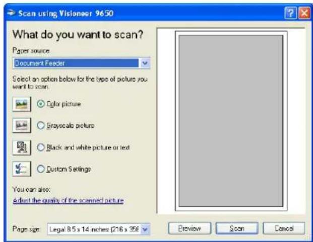 Scan using Visioner 9650 What do you want to scan? Paper source: Document Feeder Select an option below for the type of picture you want to scan: Color picture Gray-scale picture Black and white picture or text Custom Settings You can also: Adjust the quality of the scanned picture Page size: Legal 8.5 x 14 inches (216 x 356) Preview Scan Cancel