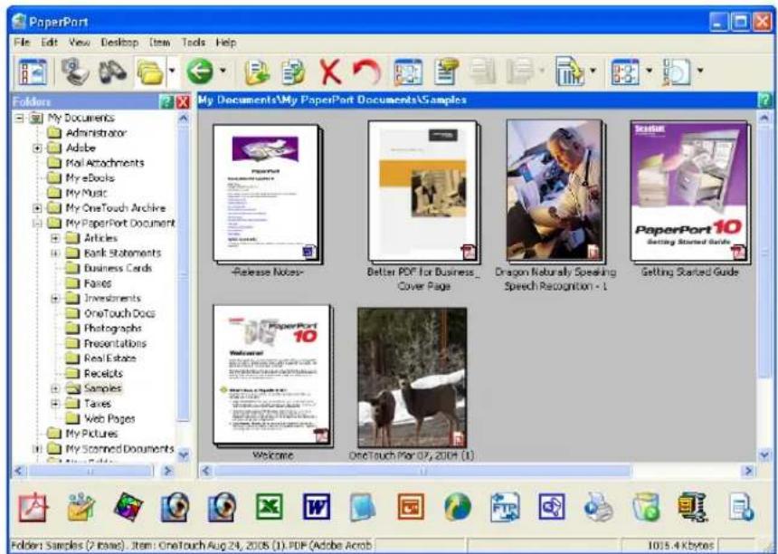 PaperPort File Edit View Desktop Item Tools Help Folders My Documents Administrator Adobe Mail Attachments My eBooks My Music My OneTouch Archive My PaperPort Document Articles Bank Statements Business Cards Fishes Investments OneTouch Docs Photographs Presentations Real Estate Receipts Samples Taxes Web Pages My Pictures My Scanned Documents My Documents\My PaperPort Documents\Samples Release Notes- Better PDF for Business Cover Page Dragon Naturally Speaking Speech Recognition - 1 Setting Started Guide Welcome OneTouch Plan 07, 2004 (1) Folder Samples (2 items). Item: OneTouch Aug 24, 2005 (1). PDF (Adobe Acrobat)