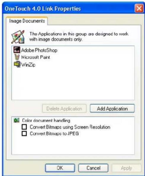 OneTouch 4.0 Link Properties Image Documents The Applications in this group are designed to work with image documents only. Adobe PhotoShop Microsoft Paint WinZip Delete Application Add Application Color document handling □ Convert Bitmaps using Screen Resolution □ Convert Bitmaps to JPEG OK Cancel Apply