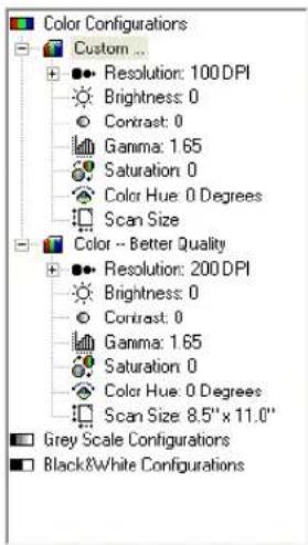 Color Configurations Custom ... Resolution: 100 DPI Brightness: 0 Contrast: 0 Gamma: 1.65 Saturation: 0 Color Hue: 0 Degrees Scan Size Color -- Better Quality Resolution: 200 DPI Brightness: 0 Contrast: 0 Gamma: 1.65 Saturation: 0 Color Hue: 0 Degrees Scan Size: 8.5" x 11.0" Grey Scale Configurations Black&White Configurations