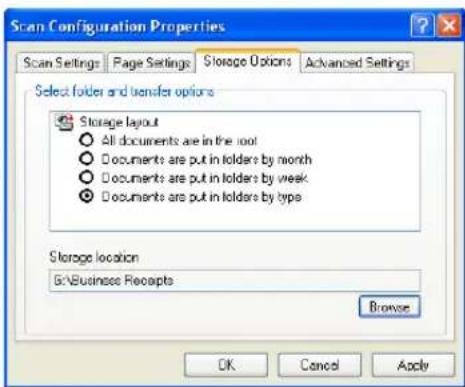 Scan Configuration Properties Scan Settings Page Settings Storage Options Advanced Settings Select folder and transfer options Storage layout All documents are in the root Documents are put in folders by month Documents are put in folders by week Documents are put in folders by type Storage location G:\Business Receipts Browse OK Cancel Apply