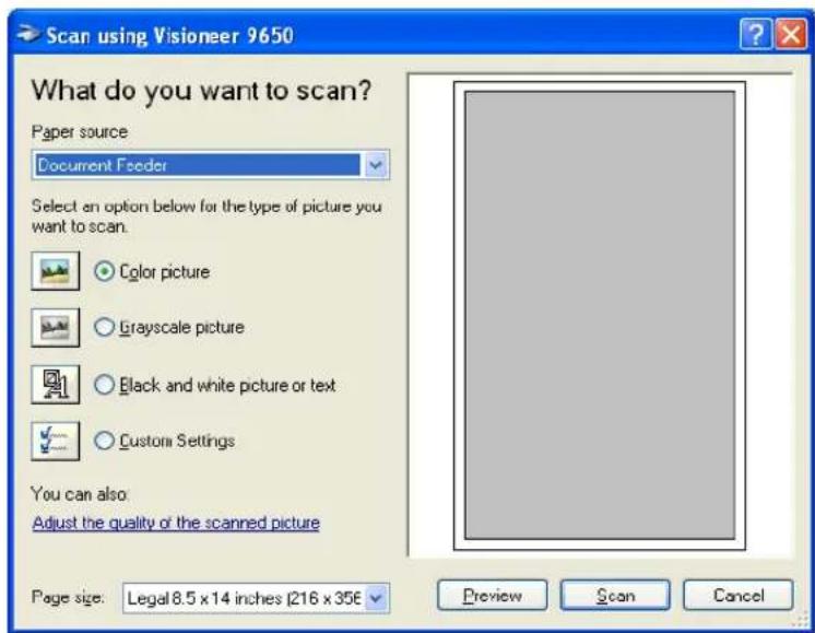 Scan using Visioneer 9650 What do you want to scan? Paper source Document Feeder Select an option below for the type of picture you want to scan. Color picture Grayscale picture Black and white picture or text Custom Settings You can also: Adjust the quality of the scanned picture Page size: Legal 8.5 x 14 inches (216 x 35€ Preview Scan Cancel