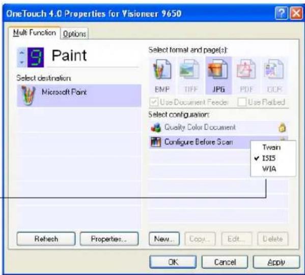 OneTouch 4.0 Properties for Visioneer 9650 Multi Function Options Paint Select destination Microsoft Paint Select format and page(s): EMP TIFF JPG PDF OCR Use Document Feeder Use Flated Select configuration: Quality Color Document Configure Before Scan Twin ✓ ISIS WIA Refresh Properties... New... Copy... Edit... Delete OK Cancel Apply