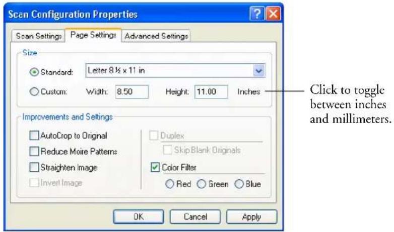 Scan Configuration Properties Scan Settings Page Settings Advanced Settings Size Standard: Letter 8½ x 11 in Custom: Width: 8.50 Height: 11.00 Inches Improvements and Settings AutoCrop to Original Reduce More Patterns Straighten Image Invert Image Duplex Skip Blank Originals Color Filter Red Green Blue OK Cancel Apply Click to toggle between inches and millimeters.