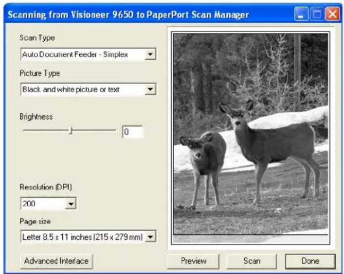Scanning from Visioneer 9650 to PaperPort Scan Manager Scan Type Auto Document Feeder - Simplex Picture Type Black and white picture or text Brightness 0 Resolution (DPI) 200 Page size Letter 8.5 x 11 inches (215 x 279 mm) Advanced Interface Preview Scan Done