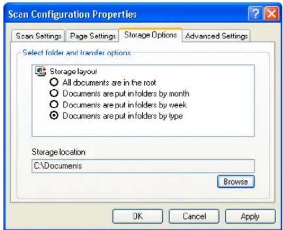 Scan Configuration Properties Scan Settings Page Settings Storage Options Advanced Settings Select folder and transfer options Storage layout All documents are in the root Documents are put in folders by month Documents are put in folders by week Documents are put in folders by type Storage location C:\Documents Browse OK Cancel Apply