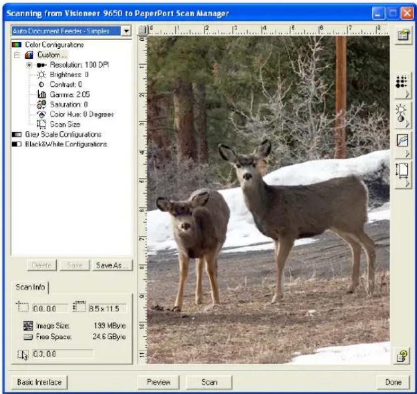 Scanning from Visioneer 9650 to PaperPort Scan Manager Auto Document Feeder - Simplex Color Configurations Custom... Resolution: 100 DPI Brightness: 0 Contrast: 0 Gamma: 2.05 Saturation: 0 Color Hue: 0 Degree Scan Size Grey Scale Configurations Black&White Configurations Delete Save Save As... Scan Info 0.0.00 8.5 x 11.5 Image Size: 193 MByte Free Space: 24.6 GByte 0.3.0.0 Basic Interface Preview Scan Done