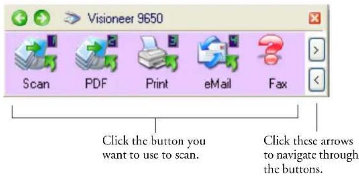 Visioneer 9650 Scan PDF Print eMail Fax Click the button you want to use to scan. Click these arrows to navigate through the buttons.