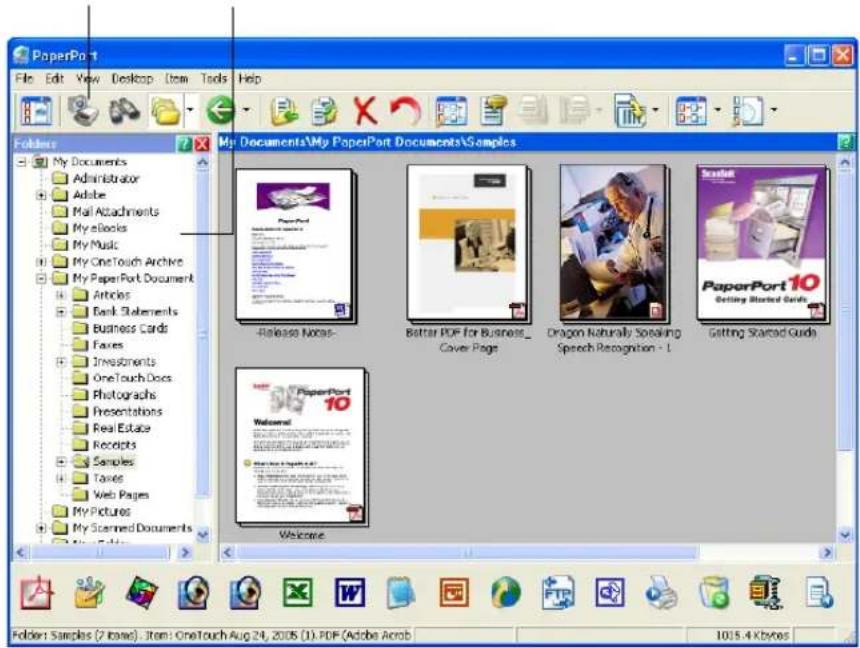 PaperPort File Edit View Desktop Item Tools Help Folders My Documents Administrator Adobe Mail Attachments My eBooks My Music My OneTouch Archive My PaperPort Document Articles Bank Statements Business Cards Felves Investments OneTouch Docs Photographs Presentations Real Estate Receipts Samples Taxes Web Pages My Pictures My Scarmed Documents My Books My Documents\My PaperPort Documents\Samples Release Notes: Better PDF for Business_ Cover Page Dragon Naturally Speaking Speech Recognition - 1 Getting Started Guide Welcome PaperPort 10 Welcome! PaperPort 10 1015.4 Kbytes
