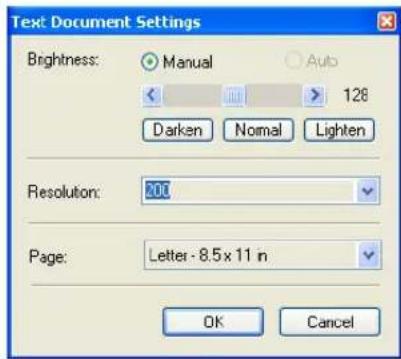 Text Document Settings Brightness: Manual Auto 128 Darken Normal Lighten Resolution: 200 Page: Letter - 8.5 x 11 in OK Cancel