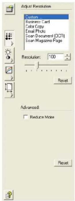 Adjust Resolution Custom ... Business Card Color Copy Email Photo Scan Document (OCR) Scan Magazine Page Resolution: 100 Reset Advanced: Reduce More Reset
