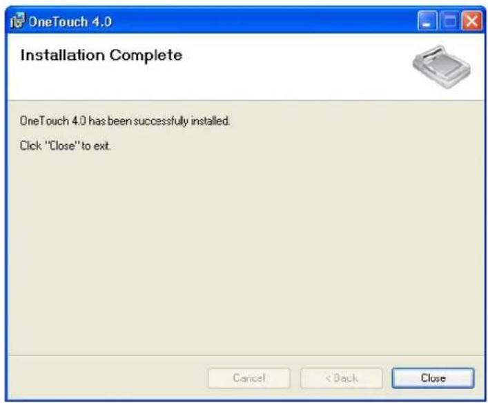 OneTouch 4.0 Installation Complete OneTouch 4.0 has been successfully installed. Click "Close" to ext. Cancel < Back Close