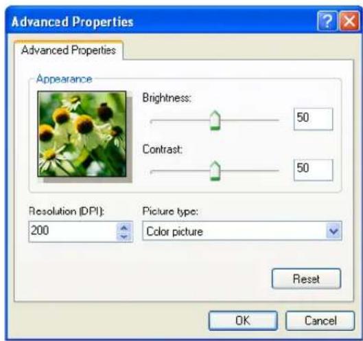 Advanced Properties Advanced Properties Appearance Brightness: 50 Contrast: 50 Resolution (DPI): 200 Picture type: Color picture Reset OK Cancel