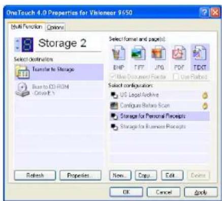 OneTouch 4.0 Properties for Visioner 9450 Multi Function Options Storage 2 Select destination Transfer to Storage Save to CD-ROM Drive E:\s Refresh Properties... New... Copy... Edit... Delete Select format and pages: BNP TIFF JPG PDF TEXT Use Document Finder Use Barbed Select configurations: US Legal Archive Configure Restore Scan Storage for Personal Receipts Storage for Business Receipts OK Cancel Apply