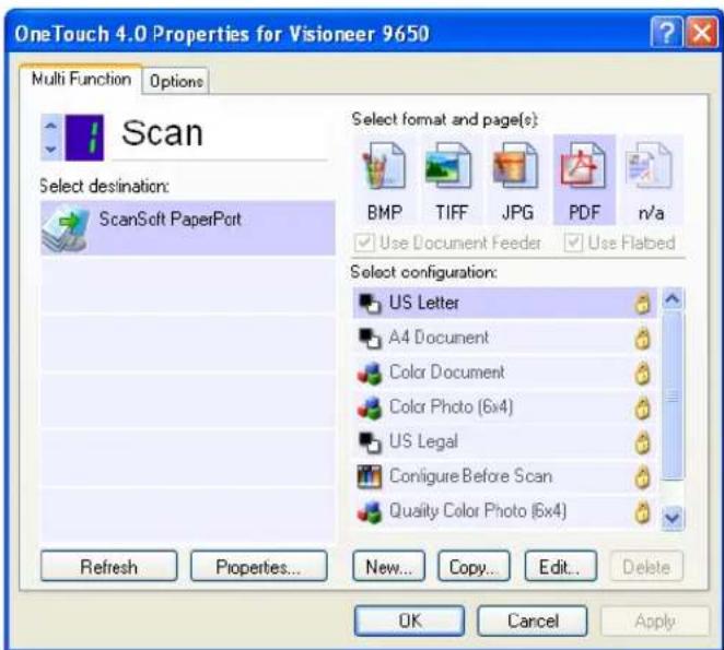 OneTouch 4.0 Properties for Visioner 9650 Multi Function Options Scan Select destination: ScanSoft PaperPort Refresh Properties... Select format and page(s): BMP TIFF JPG PDF n/a Use Document Feeder Use Flabed Select configuration: US Letter A4 Document Color Document Color Photo (6x4) US Legal Configure Before Scan Quality Color Photo (6x4) New... Copy... Edit... Delete OK Cancel Apply