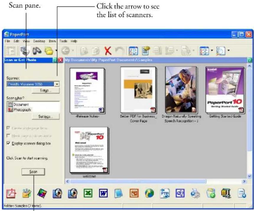 Scan pane. Click the arrow to see the list of scanners. PaperPort File Edit View Desktop Items Tools Help Scan or Get Photo Spanmac C:\WIN\Vccmee 950\ Setup Scan what? Document Photograph Settings... Create a single page form Think pages in job searchor Display scanner dialog box Click Scan to start scanning. Scan My Documents\My PaperPort Documents\Samples -Release Notes- Delbert PDF for Business_ Cover Page Dragon Naturally Speaking Speech Recognition - 1 Getting Started Guide PaperPort 10 Welcome Folder: Samples (7 items)