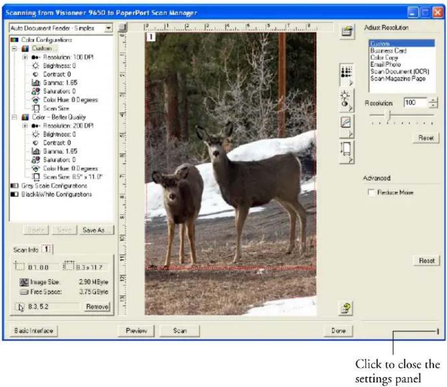 Scanning from Visioneer 9650 to PaperPort Scan Manager Auto Document Feeder - Simplex Color Configurations Custom Resolution: 100 DPI Brightness: 0 Contrast: 0 Gamma: 1.65 Saturation: 0 Color Hue: 0 Degrees Scan Size Color - Better Quality Resolution: 200 DPI Brightness: 0 Contrast: 0 Gamma: 1.65 Saturation: 0 Color Hue: 0 Degrees Scan Size: 8.5" x 11.0" Grey Scale Configurations Black&White Configurations Adjust Resolution Customs Business Card Color Copy Email Photo Scan Document (OCR) Scan Magazine Page Resolution 100 Reset Advanced Reduce Main Reset Scan Info 1 0.1, 0.0 8.3 x 11.7 Image Size: 2.90 MByte Free Space: 3.75 GByte 8.3, 5.2 Remove Basic Interface Preview Scan Done Click to close the settings panel