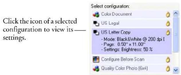 Click the icon of a selected configuration to view its— settings. Select configuration: Color Document US Legal US Letter Copy • Mode: Black&White @ 200 dpi t • Page: 8.50" x 11.00" • Settings: Brightness: 50 % Configure Before Scan Quality Color Photo (6x4)